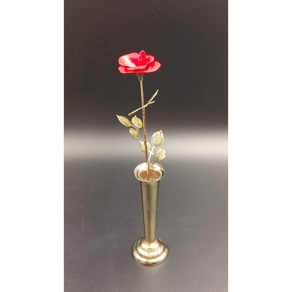 1977 MANN Red Rose Brass Bud Vase Metal Art Flower and Vase Vintage Metalwork - Picture 2 of 12